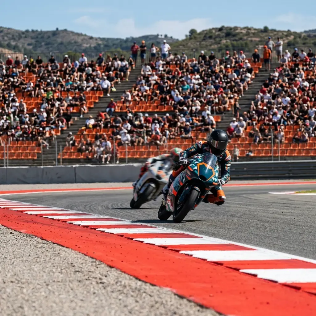 A sweeping, high-angle panoramic photograph of the Circuit Ricardo Tormo in Valencia. The unique bowl-like stadium archi