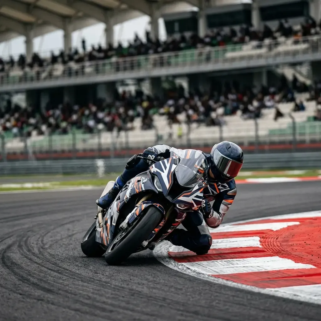 A tight, aggressive action shot capturing two motorcycles battling through the sharp right-hand Turn 2 at Valencia. The