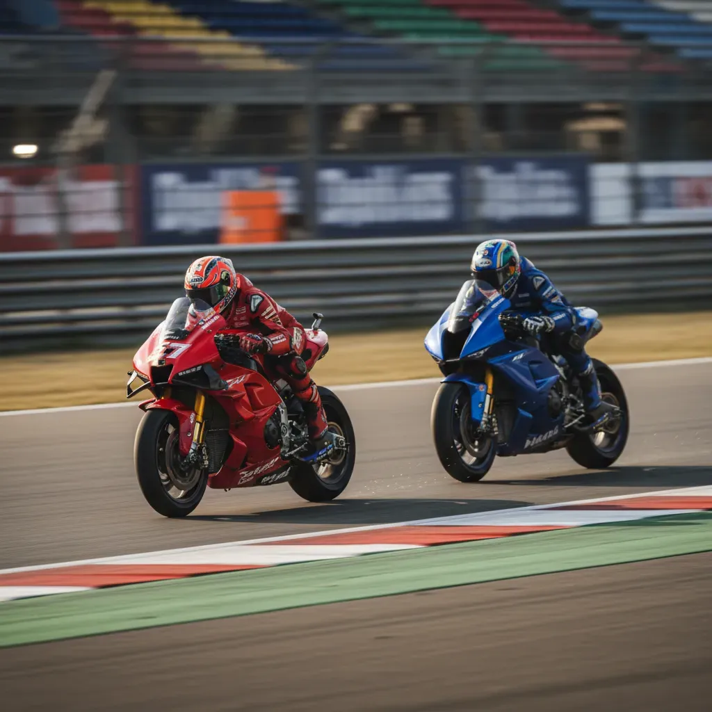 A tight, aggressive action shot capturing two motorcycles battling through the sharp right-hand Turn 2 at Valencia. The