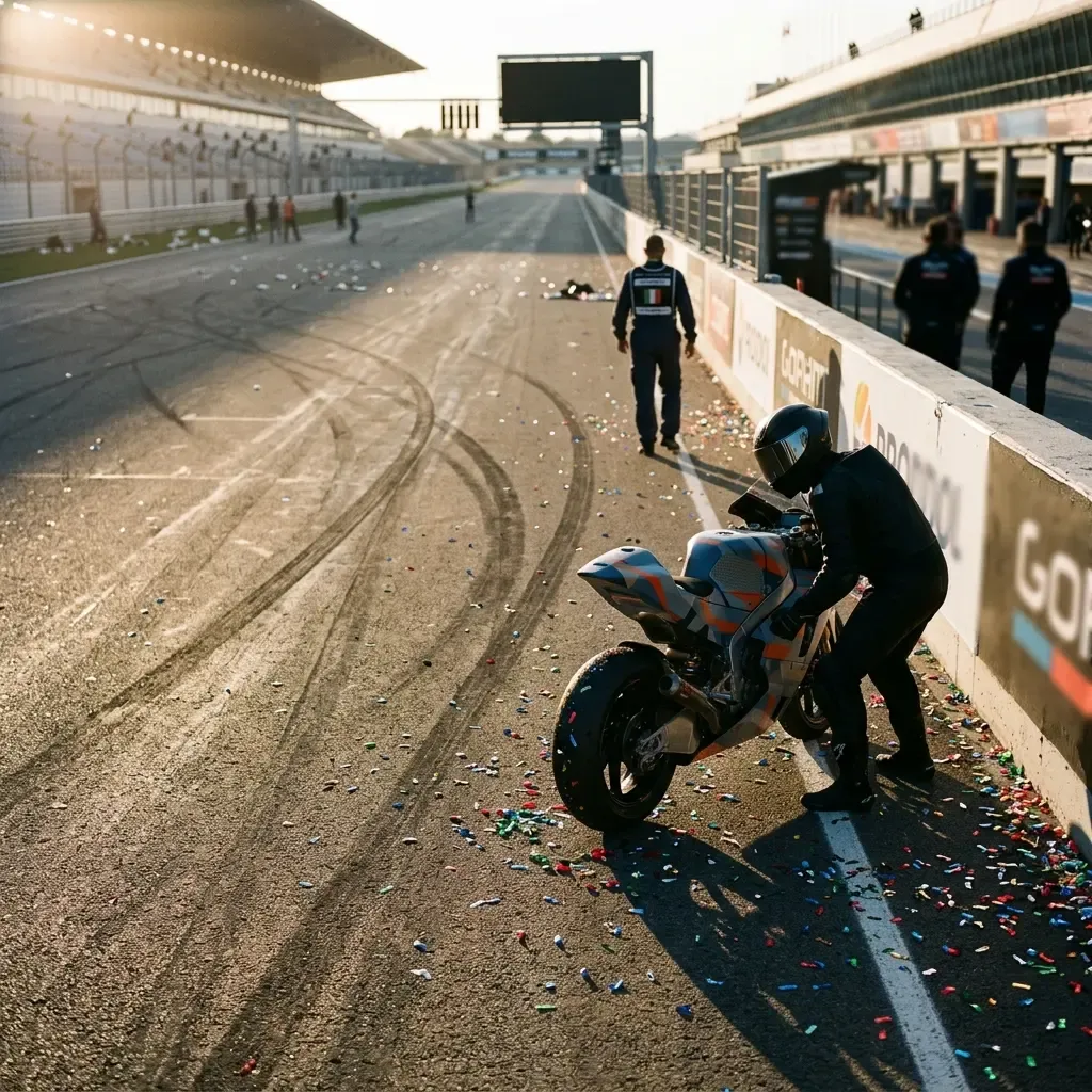An atmospheric, poignant scene on the main straight at Valencia after the race. The track is empty, littered with colour