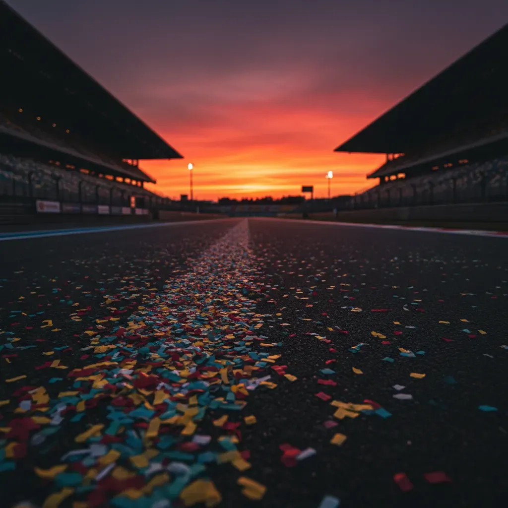 An atmospheric, poignant scene on the main straight at Valencia after the race. The track is empty, littered with colour