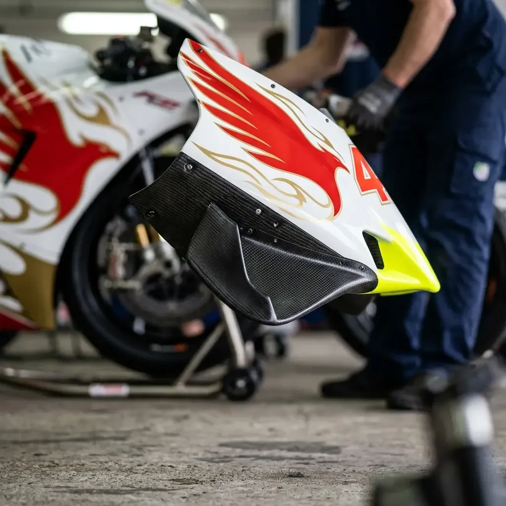 Illustration for our VR46 Indonesian GP livery story: close-up detail of motorcycle aerodynamic bodywork
