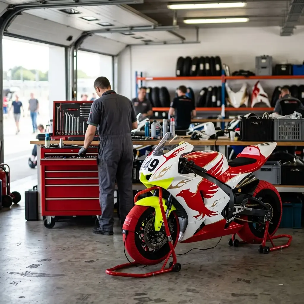 Illustration for our VR46 Indonesian GP livery story: a racing bike resting on stands in a pit box