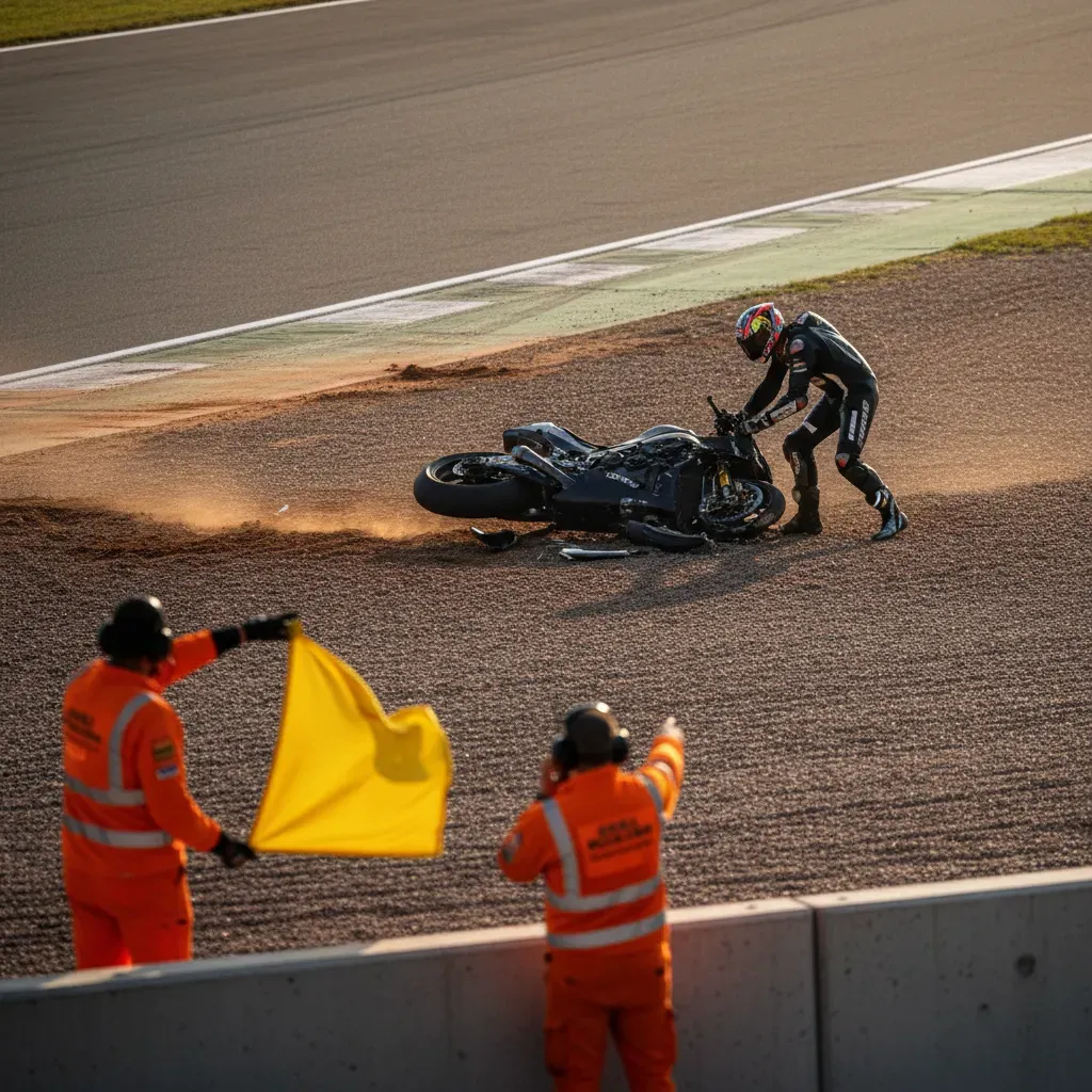 A wide shot of a MotoGP corner. In the gravel trap to the right, a rider in unbranded leathers is slowly getting to thei