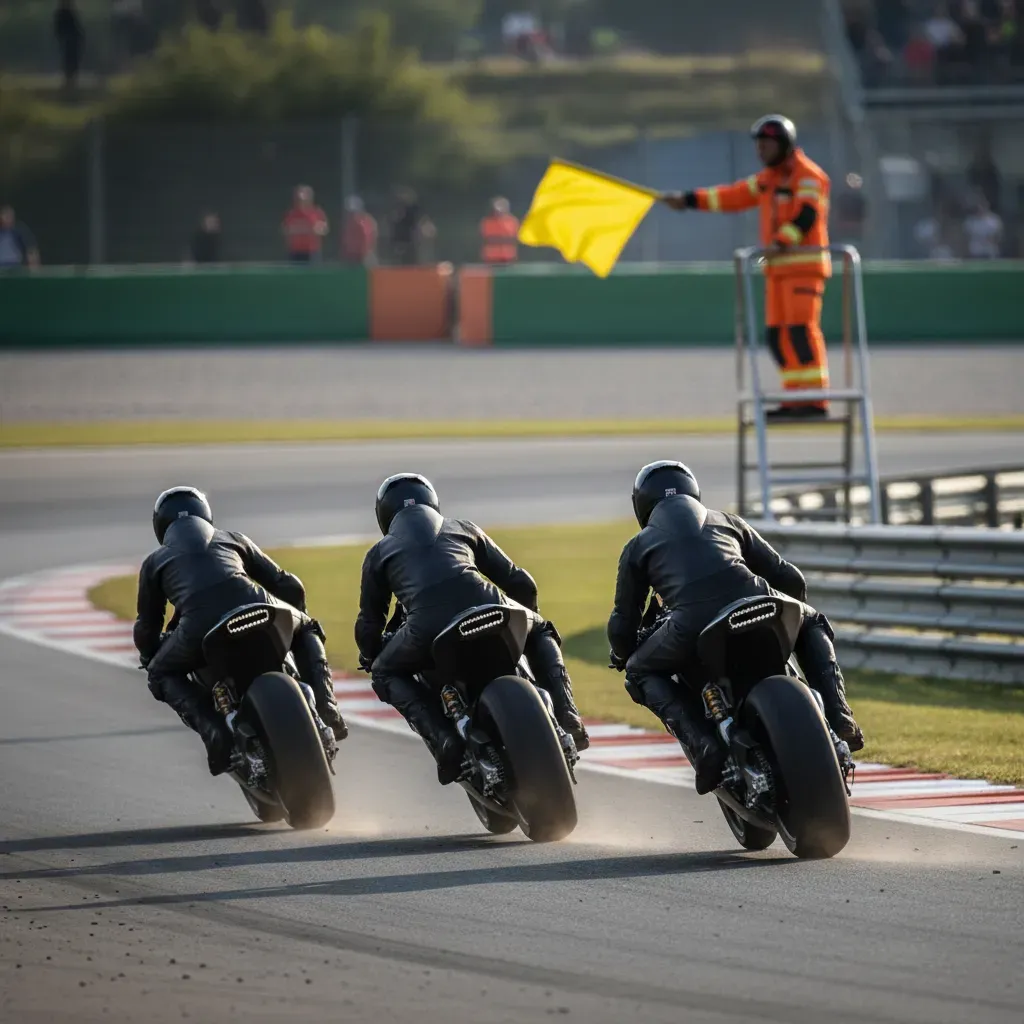 A low-angle action shot from behind a line of three anonymous prototype race bikes navigating a chicane. They are clearl