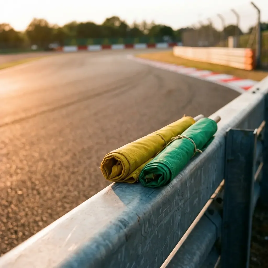An atmospheric, quiet scene at dusk on a race track. The grandstands are empty and the race is over. A lone, anonymous t