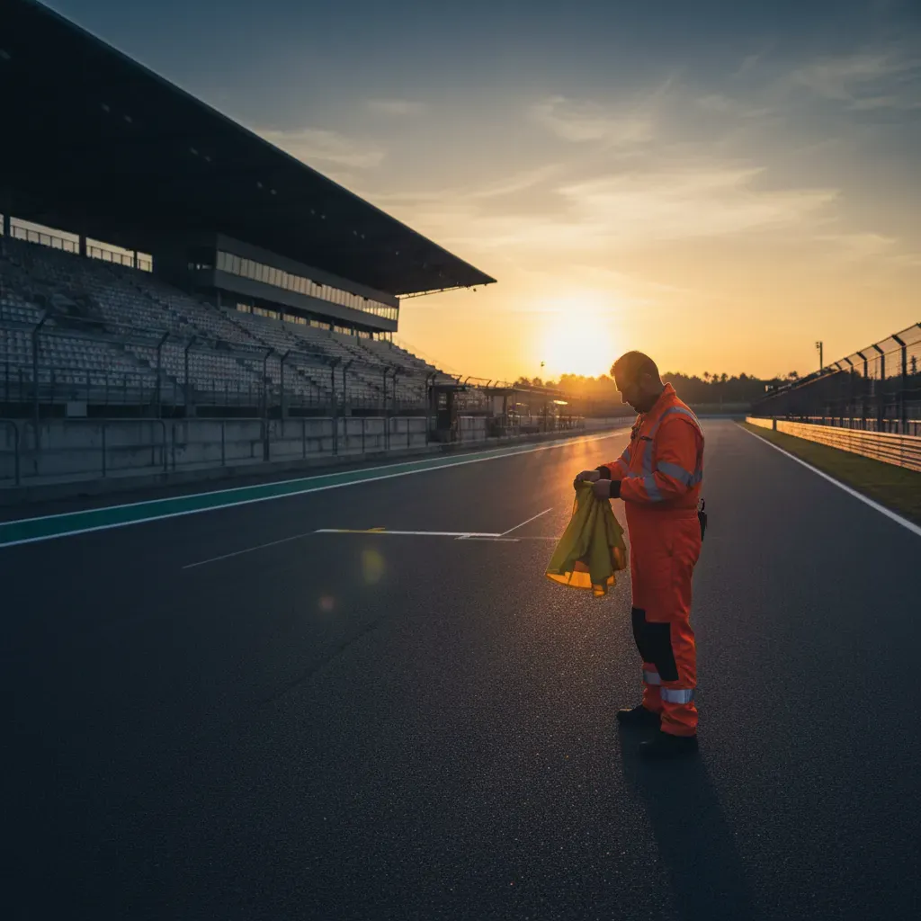 An atmospheric, quiet scene at dusk on a race track. The grandstands are empty and the race is over. A lone, anonymous t