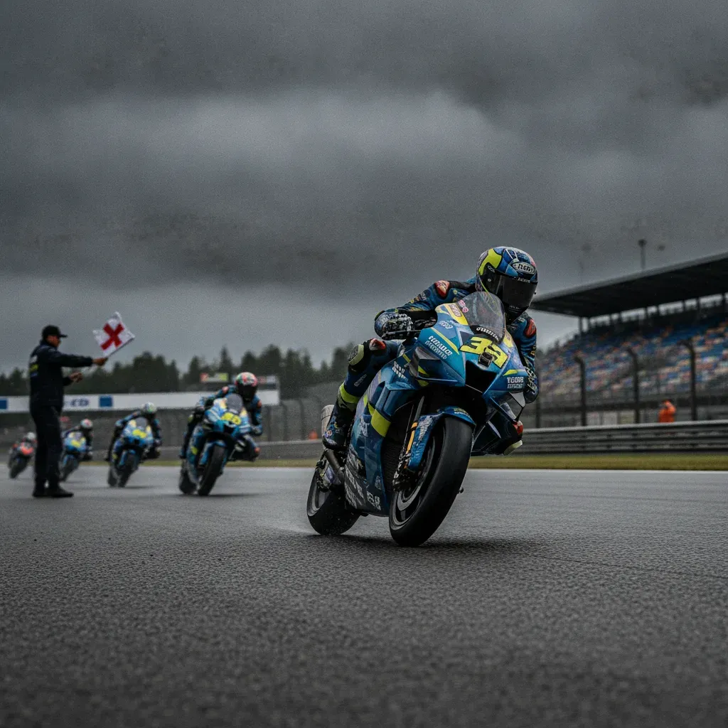 Several MotoGP bikes entering the pit lane as rain starts to fall during a flag-to-flag race.