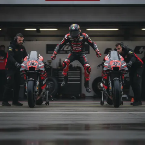 A MotoGP rider athletically jumps from one race bike to another during a fast-paced pit stop in the pit lane.