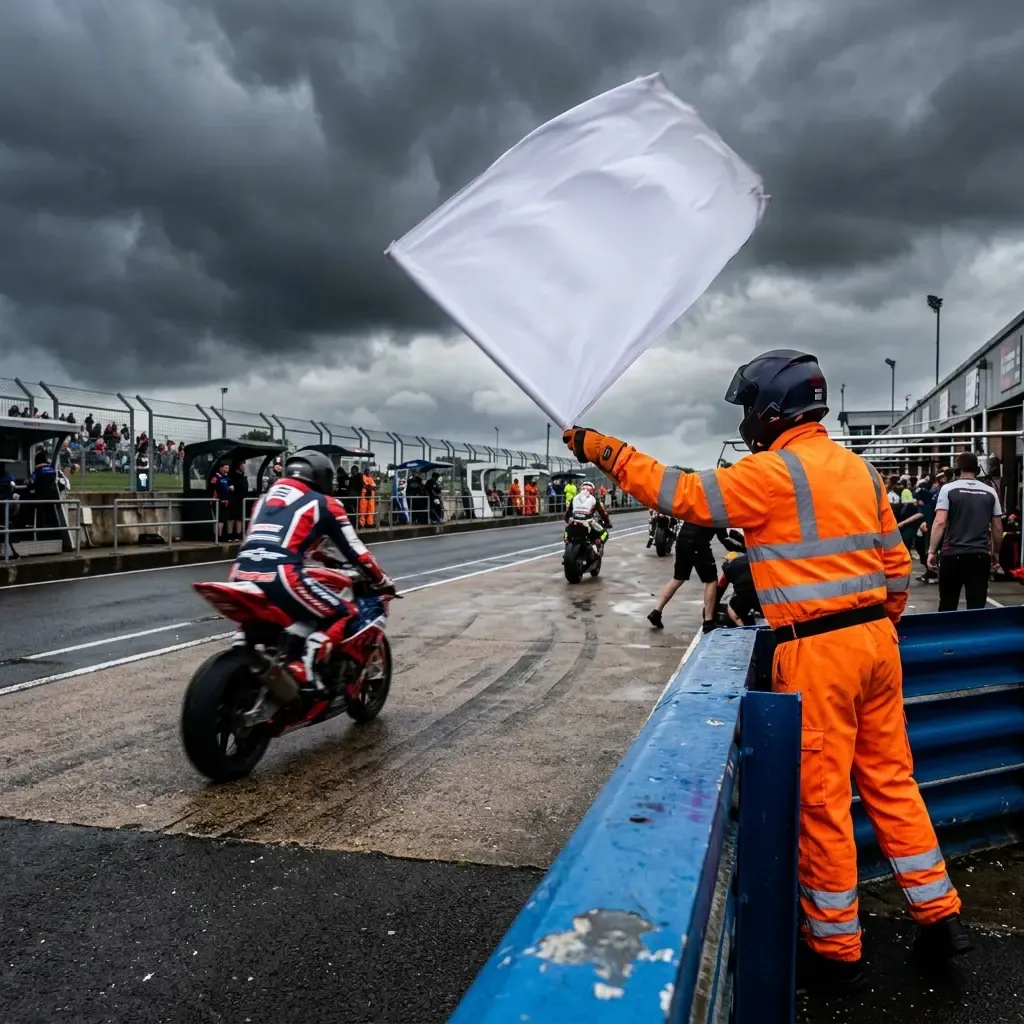 A track marshal stands post, waving a white flag with a red diagonal cross vigorously. In the background, a pack of Moto