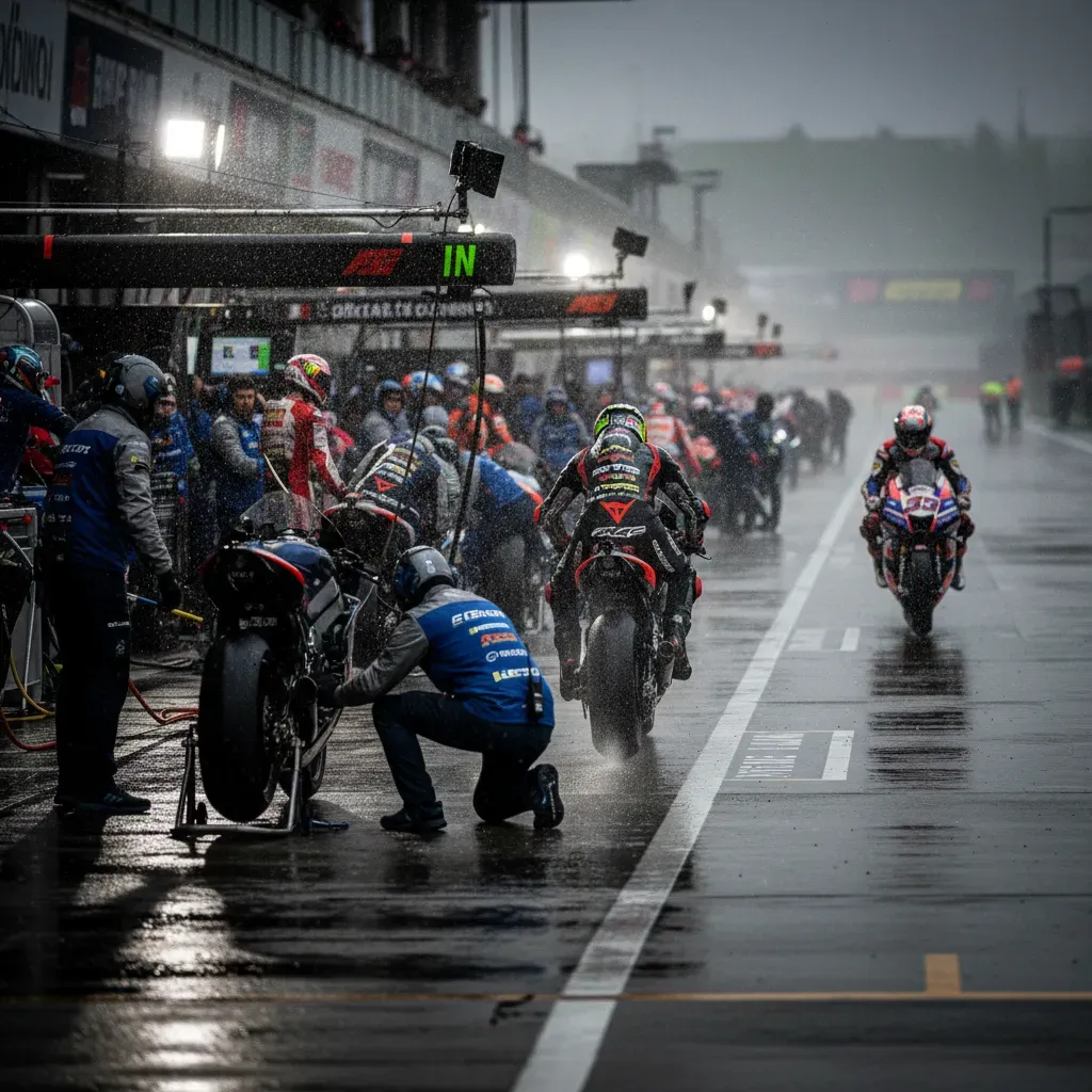 A wide, slightly elevated shot of a chaotic MotoGP pit lane during a flag-to-flag changeover. Rain is misting the air. I