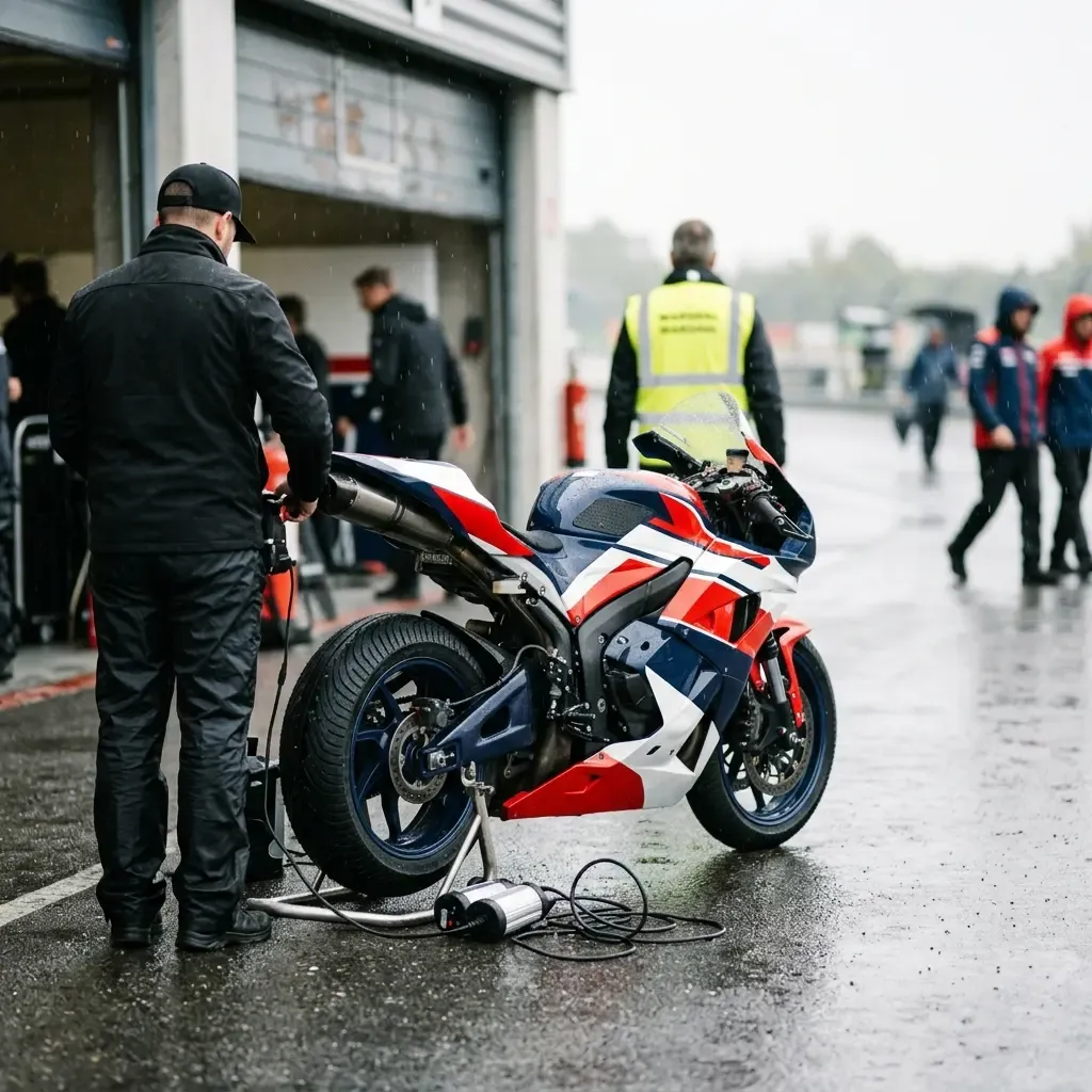 A wide, slightly elevated shot of a chaotic MotoGP pit lane during a flag-to-flag changeover. Rain is misting the air. I