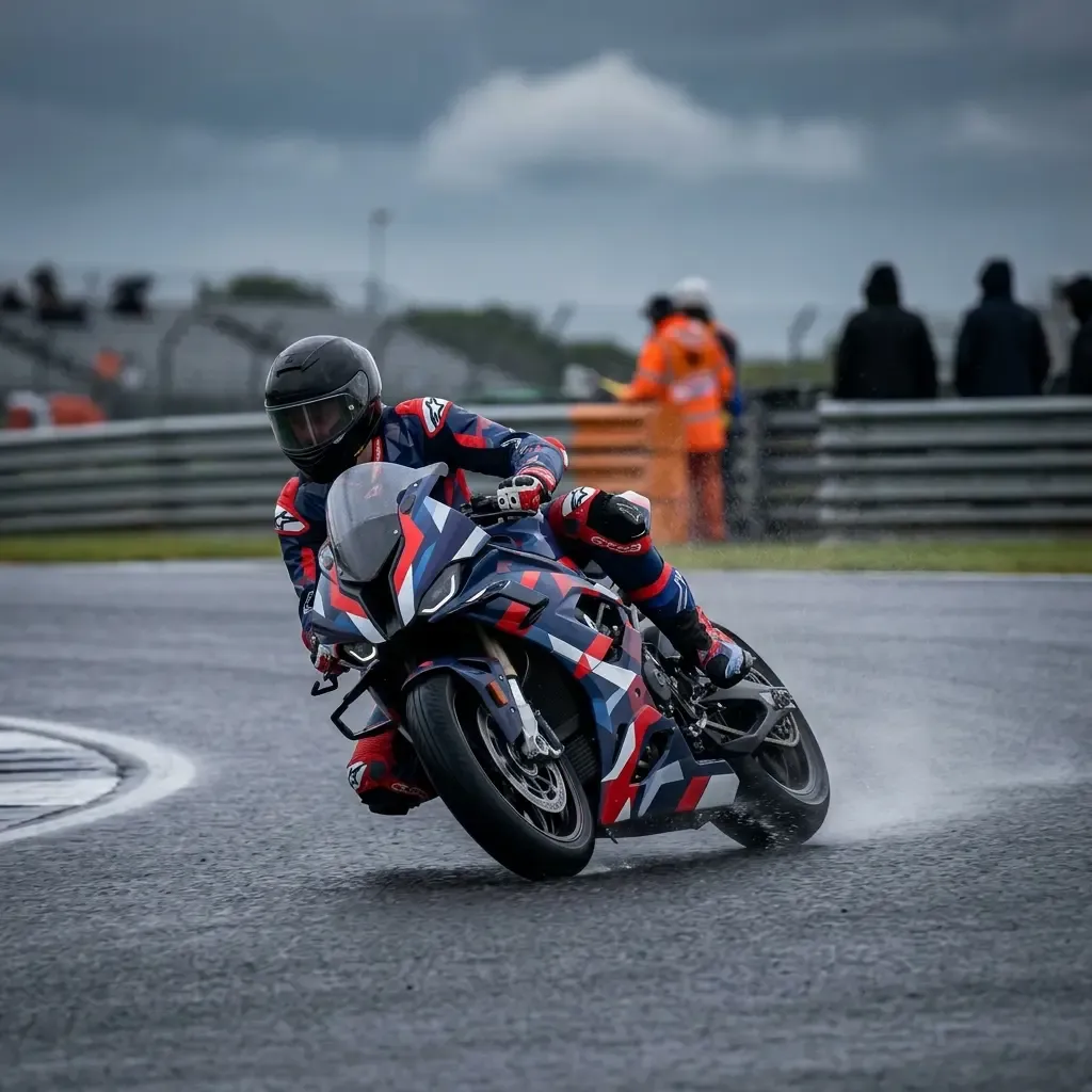 A powerful telephoto shot from behind a MotoGP bike on a soaking wet track. The bike, equipped with rain tyres, is kicki