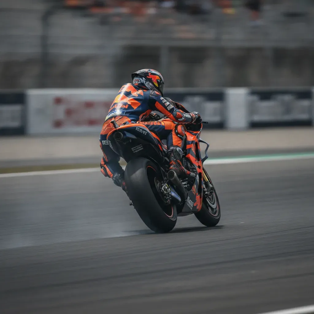 A close-up view of a MotoGP bike's rear tyre losing traction and sliding across the track surface.