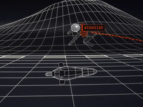 Wireframe drawing of a highside: the rider flung into the air off the outside of a corner, an orange dashed arc behind them, and the bike down on its side below.