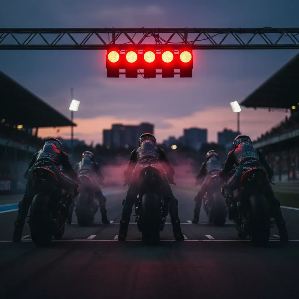 A view from behind the starting grid. A row of anonymous MotoGP bikes and riders are poised, tense. The focus is on the
