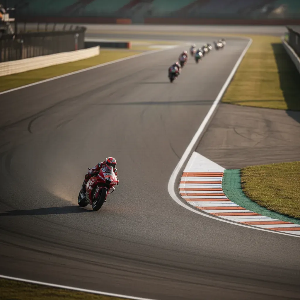 A high-angle tracking shot of a lone MotoGP bike, its colours a generic red and white, peeling away from the main track