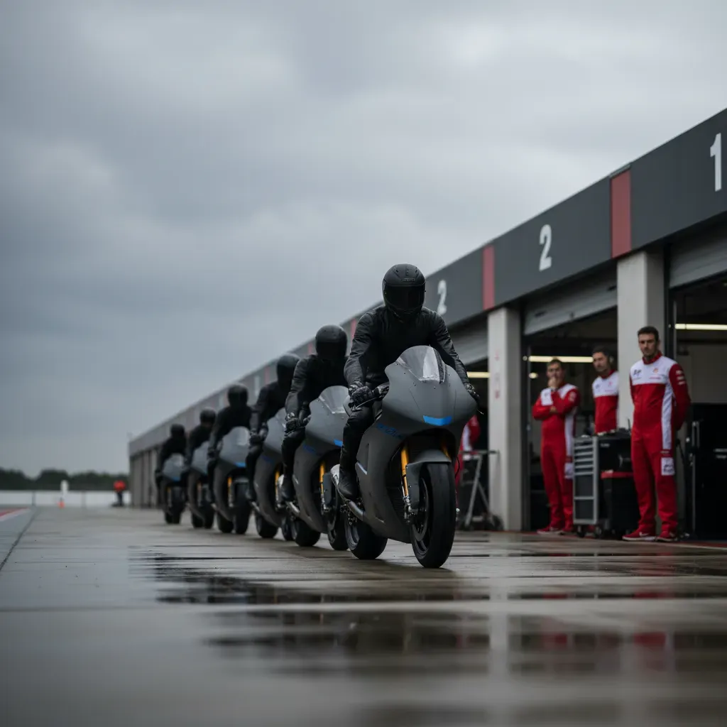 A tense, quiet moment showing the direct consequence of a red flag. A single-file line of anonymous MotoGP bikes cruises