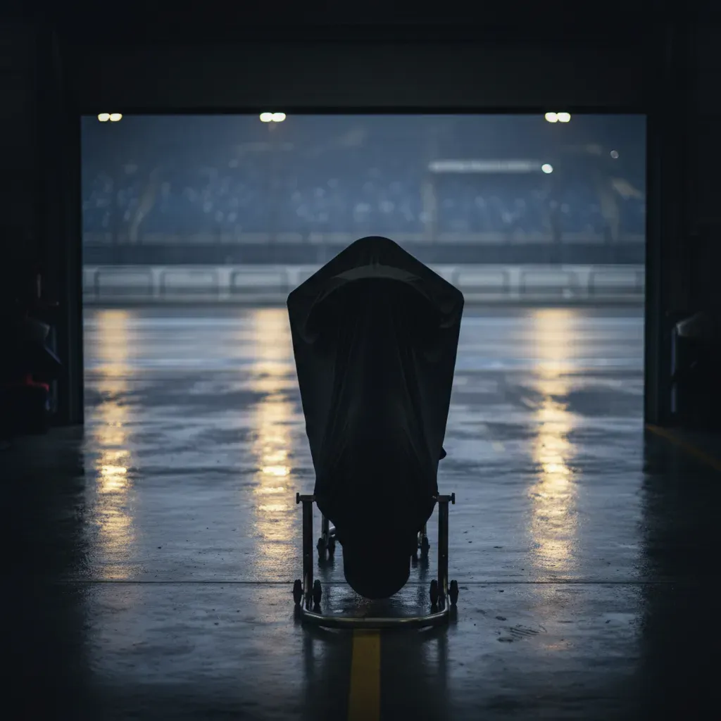 An atmospheric shot from inside a dark garage, looking out onto a rain-soaked, empty pit lane. Reflections of the garage