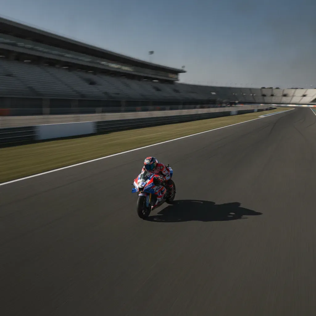 An aerial view of a lone MotoGP test rider circulating an empty race track during a private test session.