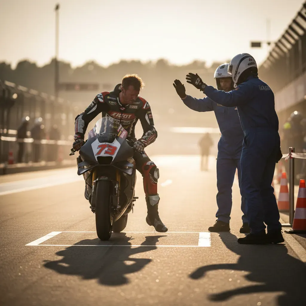 A MotoGP rider, face flushed with effort and still wearing his unbranded racing leathers, swings his leg over his bike t