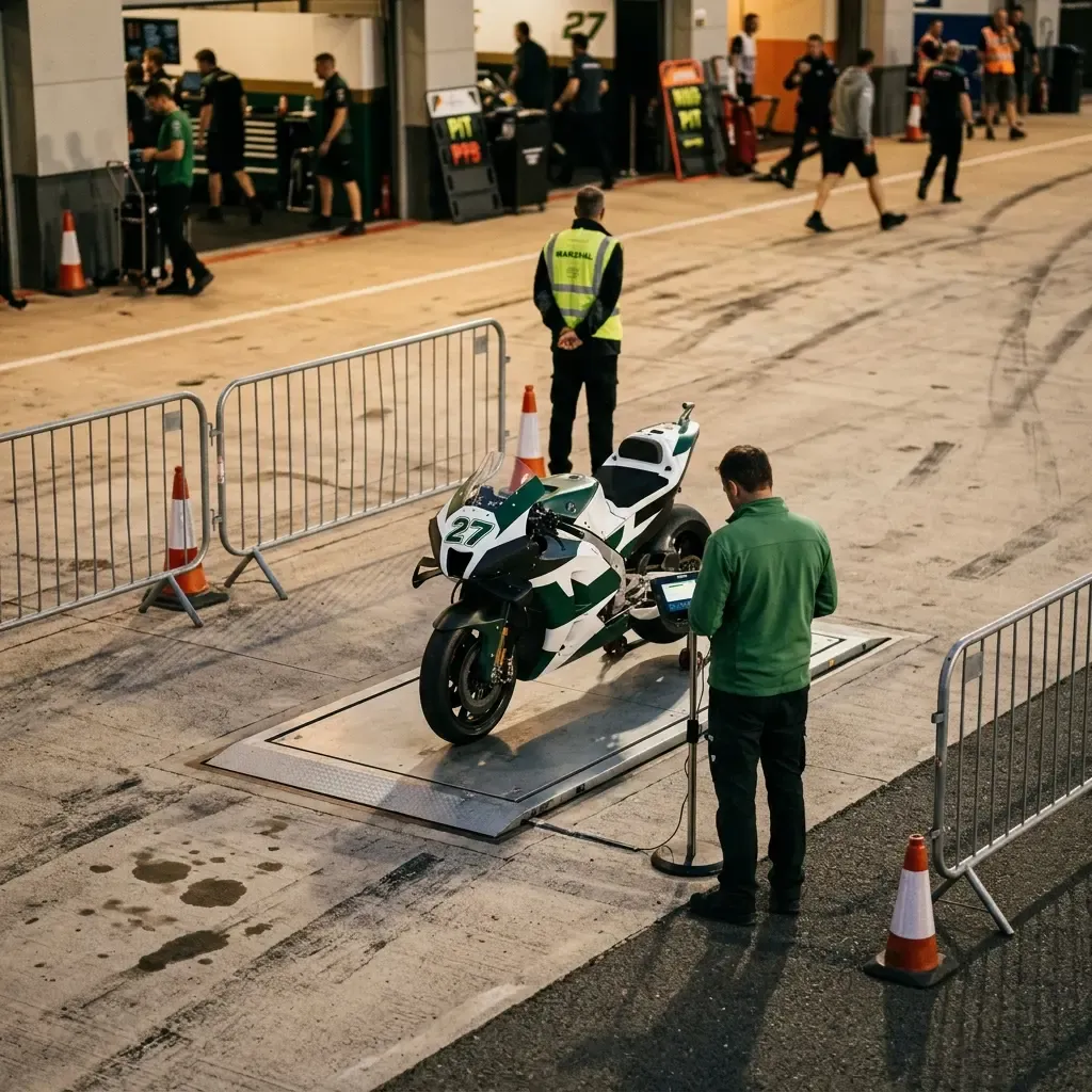 An atmospheric, wide shot of an empty parc fermé area late in the evening after everyone has left. The temporary barrier