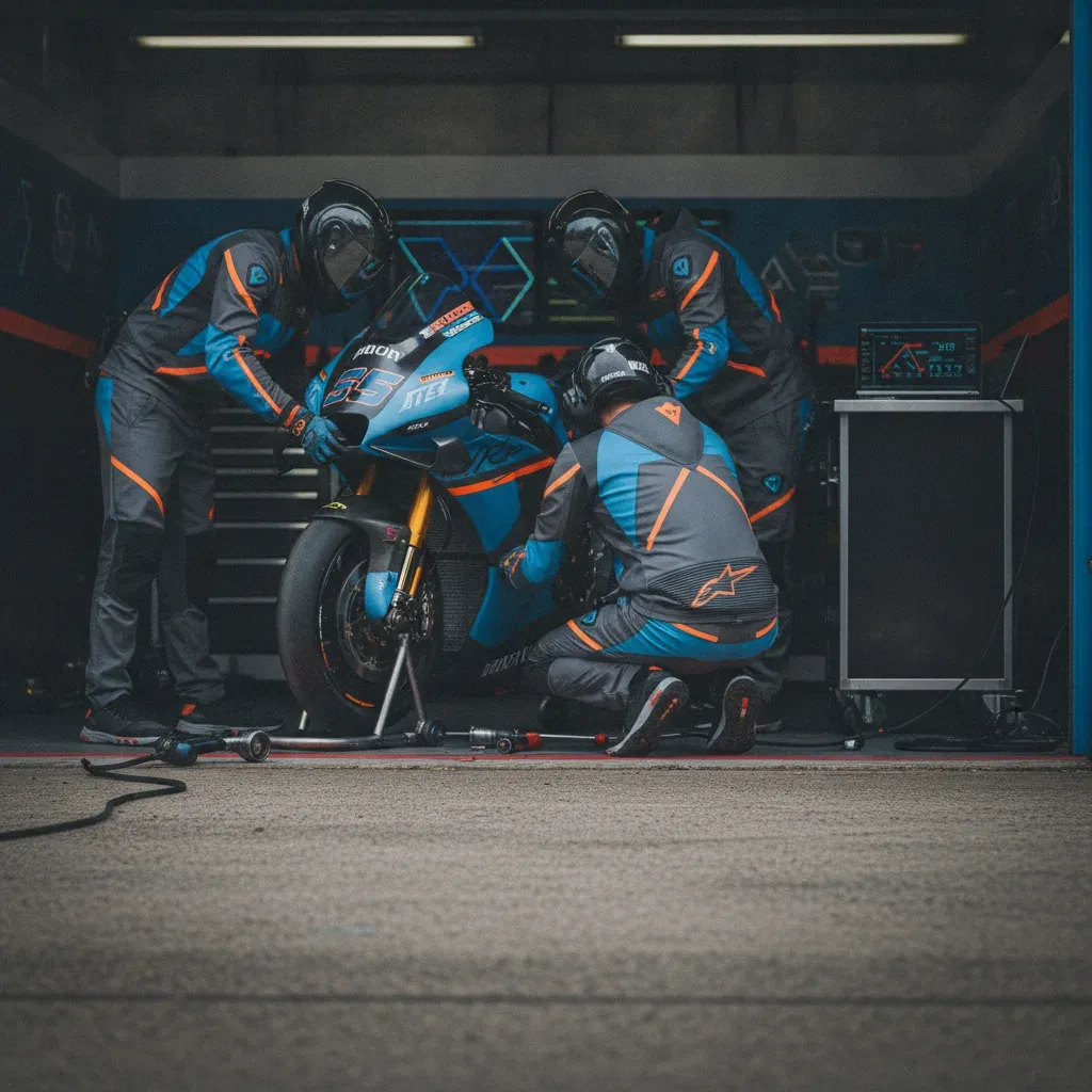 MotoGP mechanics working on a race bike in the pit garage, preparing it for a qualifying session.
