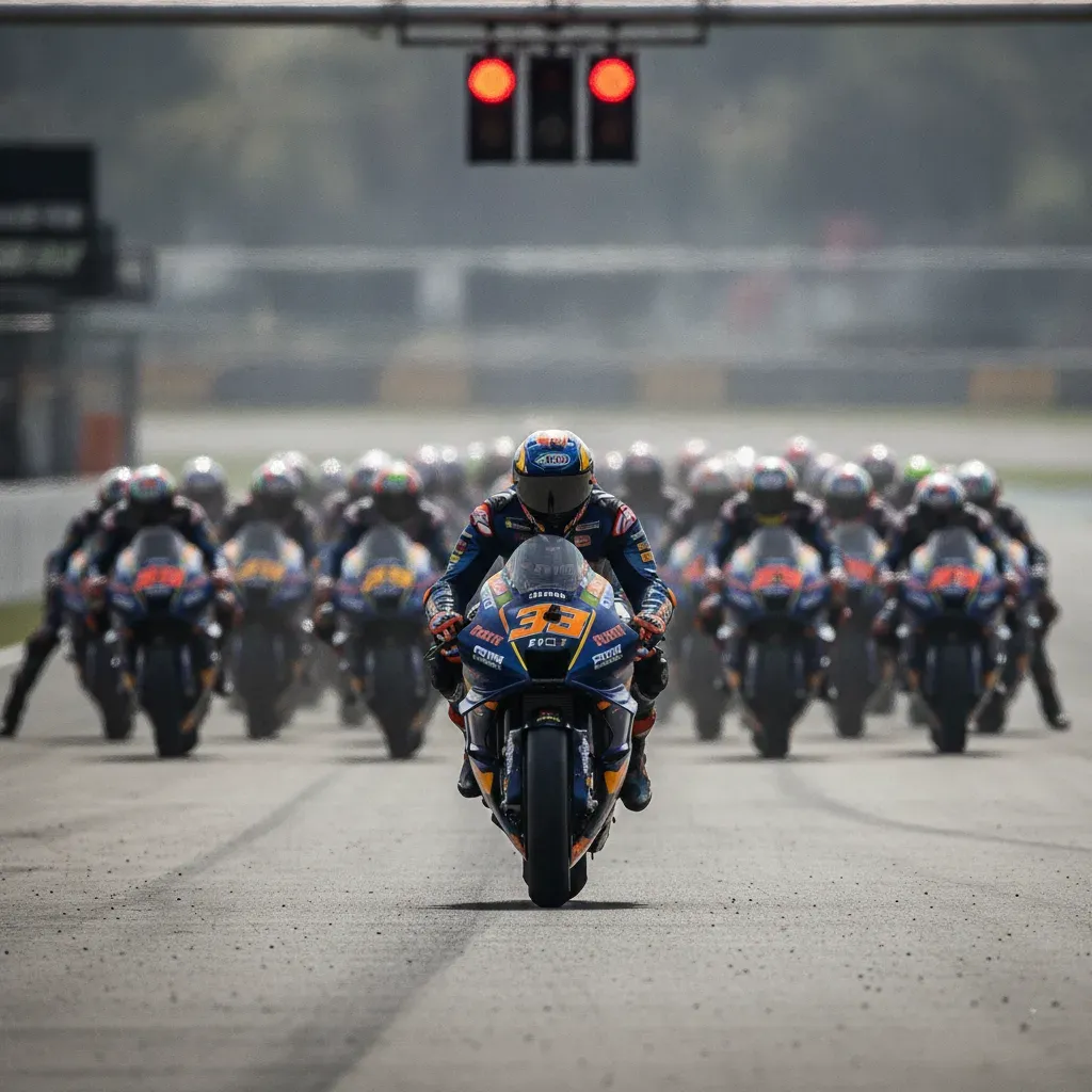 The view from behind the MotoGP starting grid as the race is about to begin, showing the pole sitter with a clear track ahead.