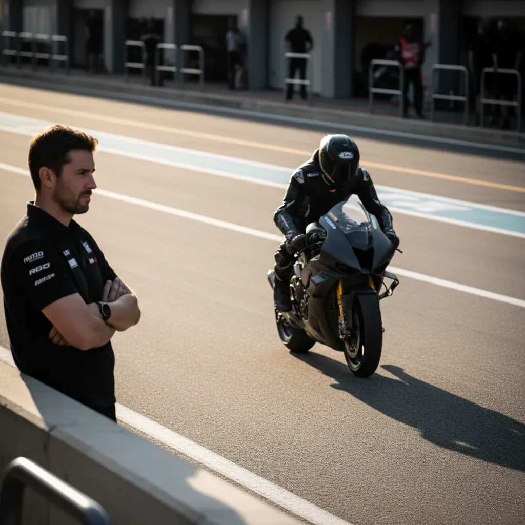 A wide shot of a MotoGP rider in generic leathers cruising slowly down a sun-drenched pit lane, not pushing at all. In t