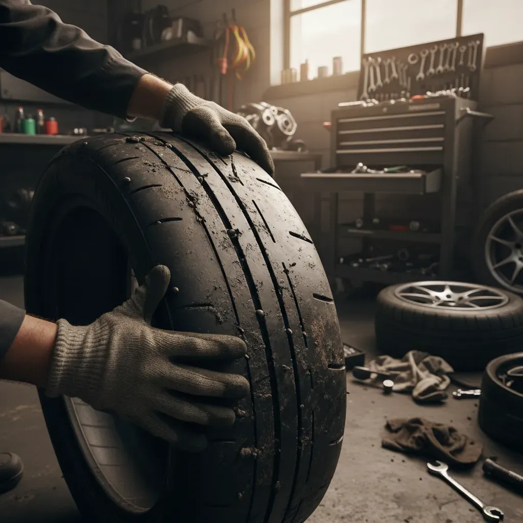 A detailed close-up shot of a mechanic's gloved hands inspecting a heavily used, worn-out racing tyre in a garage. The t