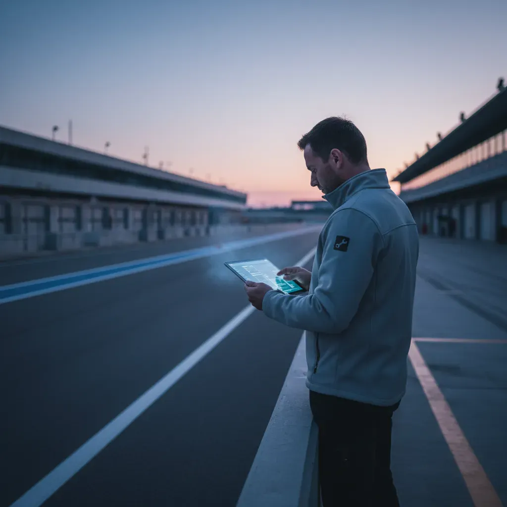 A lone crew chief in plain team gear stands on an empty pit wall at dusk, after all the track action has finished. He ho