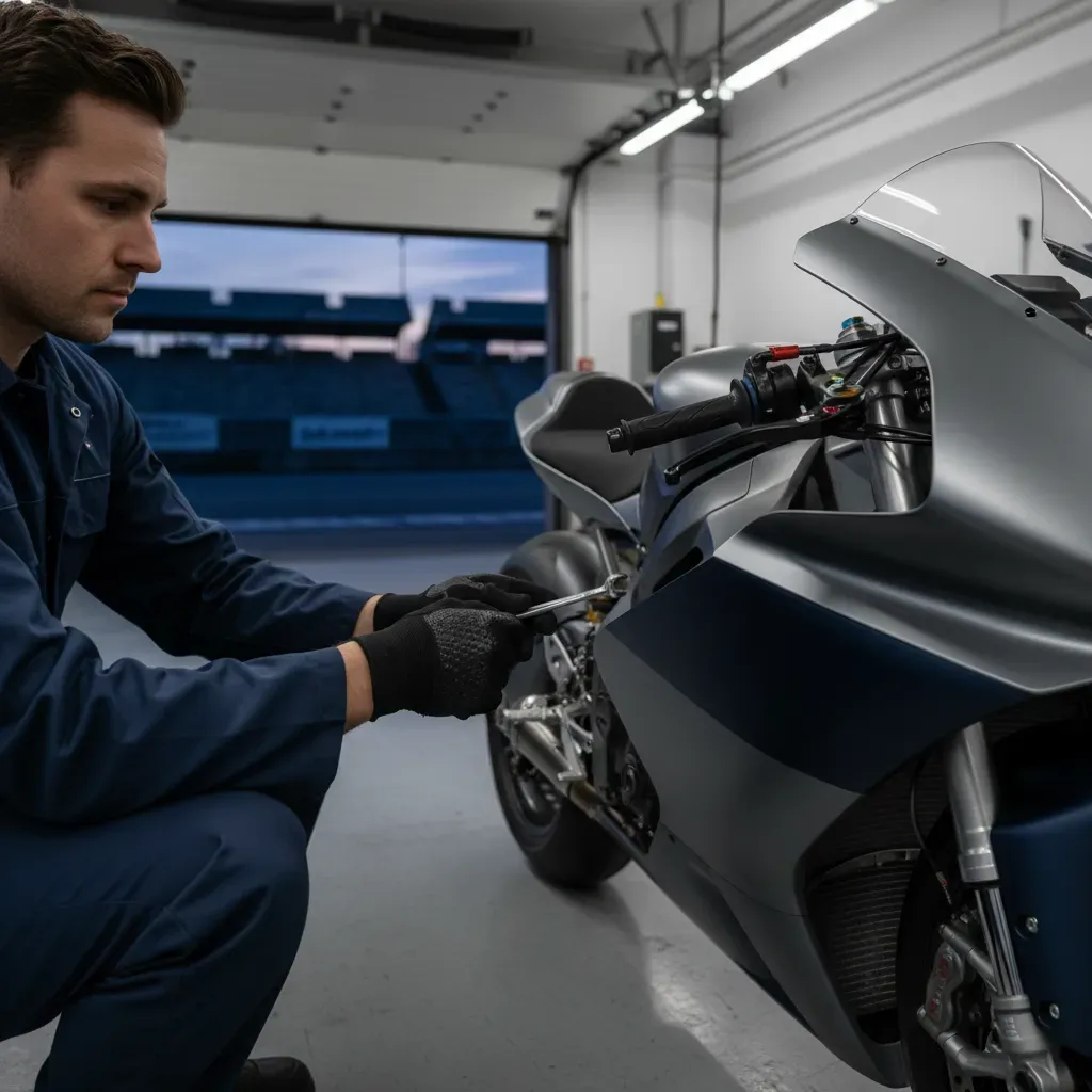 The calm before the storm. A single mechanic in clean, dark overalls kneels, meticulously adjusting the front brake leve