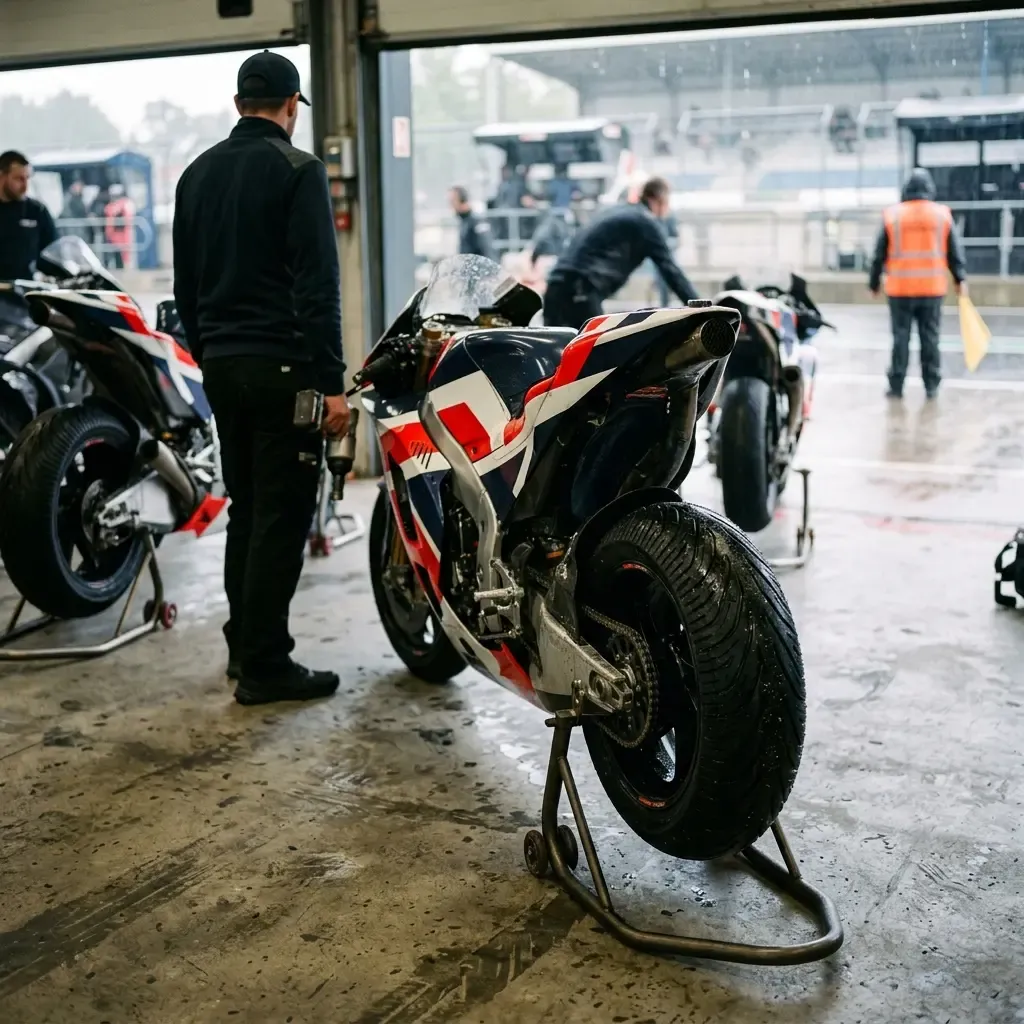 Close-up of a grooved MotoGP wet tyre on a bike waiting in the garage.