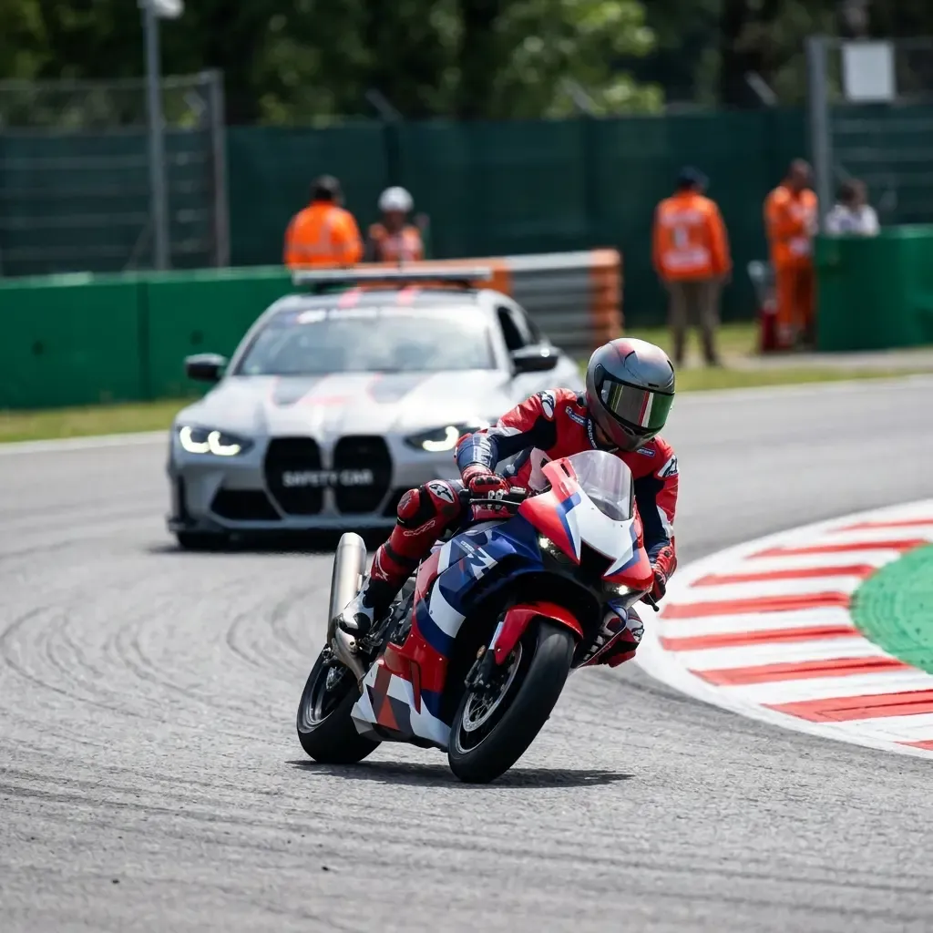 A rider on track ahead of a safety car as marshals wave green flags, the signal shown at every marshal post on the warm-up lap.