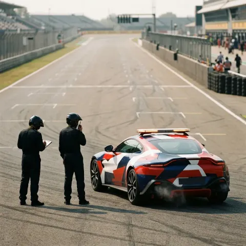 A safety car with its roof lights on running alongside a group of MotoGP riders on a wet track.