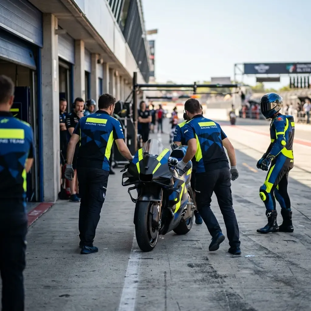A view down the MotoGP pit lane showing two different, brightly coloured team garages next to each other.