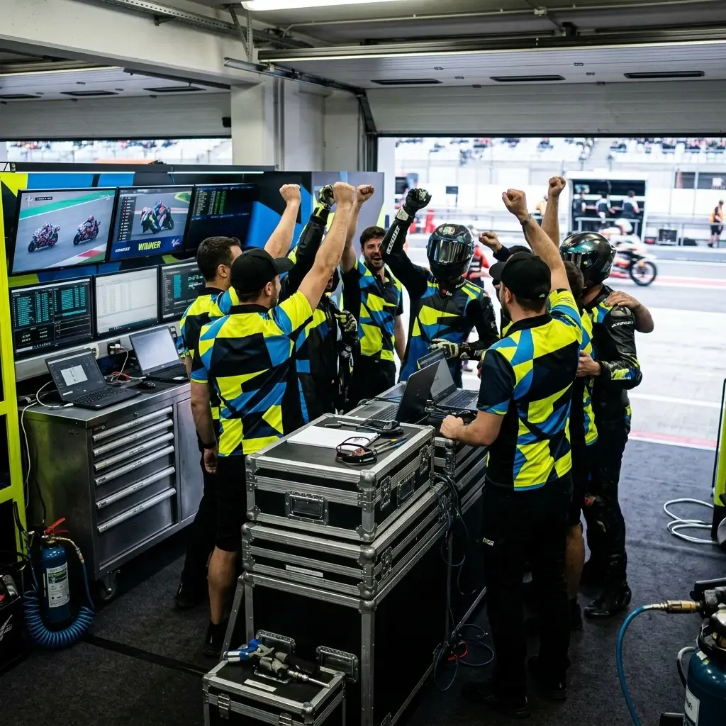 A team of mechanics and engineers celebrating with joy inside their pit garage while watching a race on screen.