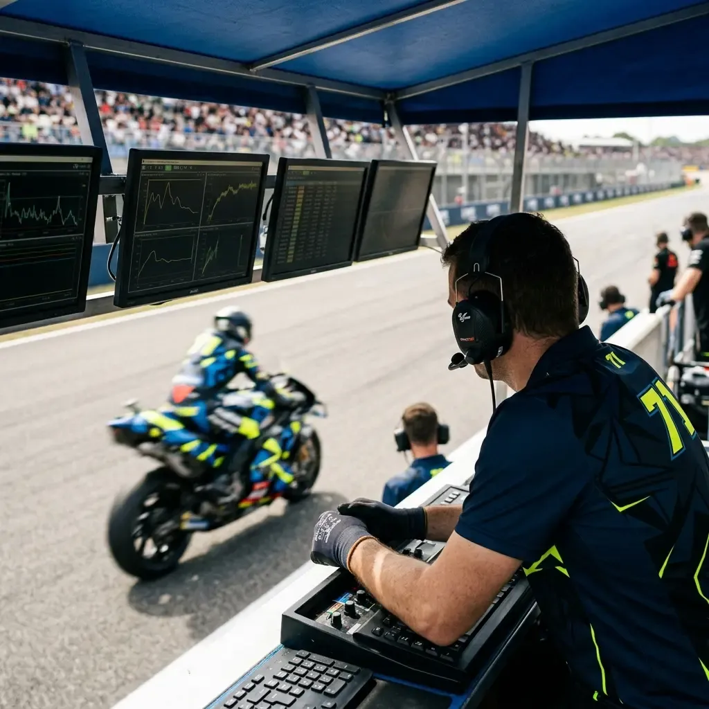 Team personnel at the pit wall anxiously watching timing screens and data during a MotoGP race.