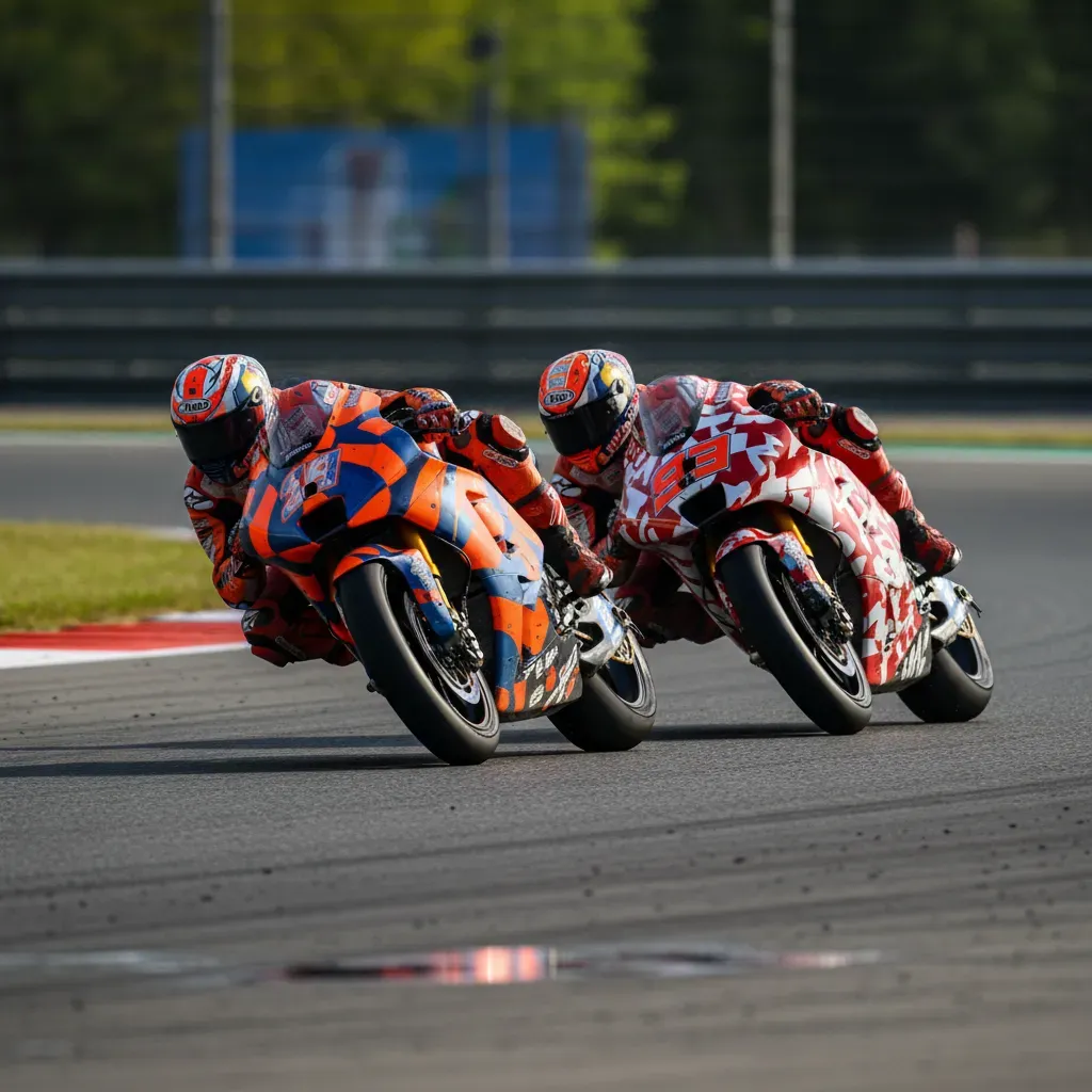 A tight, telephoto shot capturing two bikes battling for position going into a chicane. The lead bike is on the perfect 