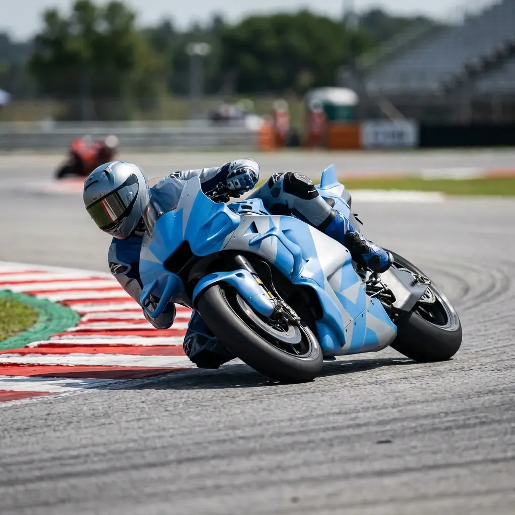 A low-angle, three-quarter rear view of a rider wrestling their bike through a fast left-right chicane. The rider's body