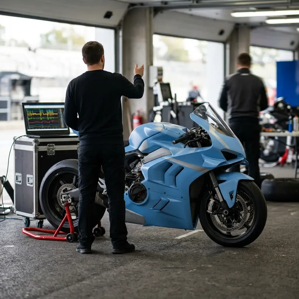 An intimate, quiet moment inside a brightly lit pit garage. A rider, helmet off and hair damp with sweat, is crouched do