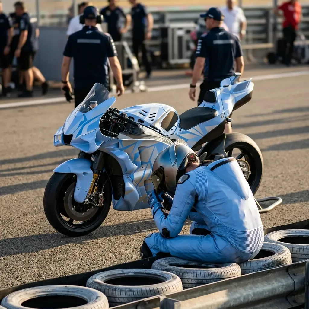 An atmospheric, wide shot of a lone rider standing in parc fermé after a gruelling race. The rider, still in full leathe