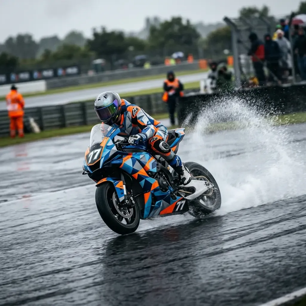 A powerful telephoto shot from behind a MotoGP bike on a soaking wet track after a bike swap. The rider is leaned over,