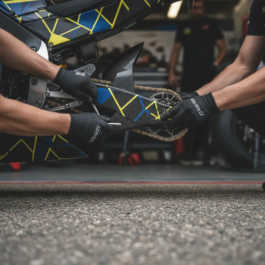 A close-up view of two mechanics' hands carefully working on the complex rear section of a MotoGP bike.