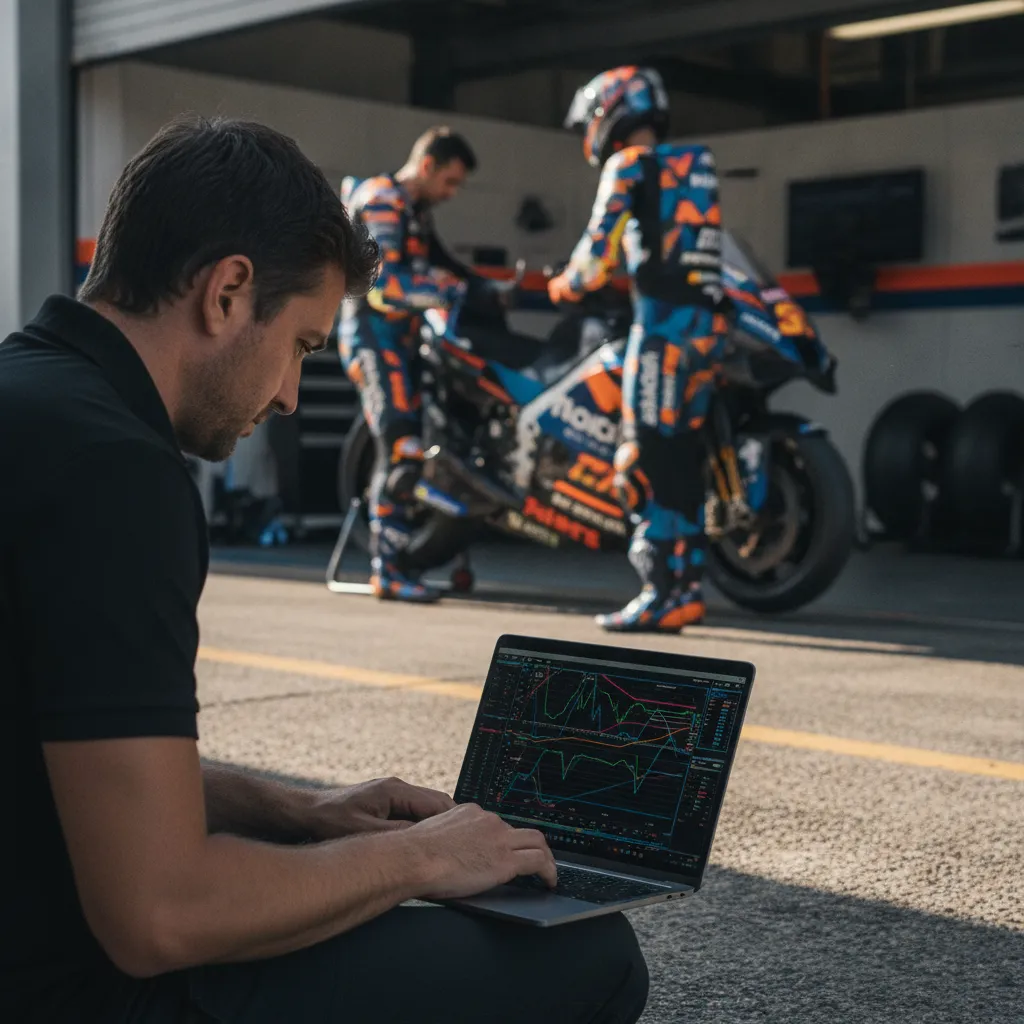 A MotoGP data engineer concentrating on a laptop screen which is displaying colourful performance graphs.
