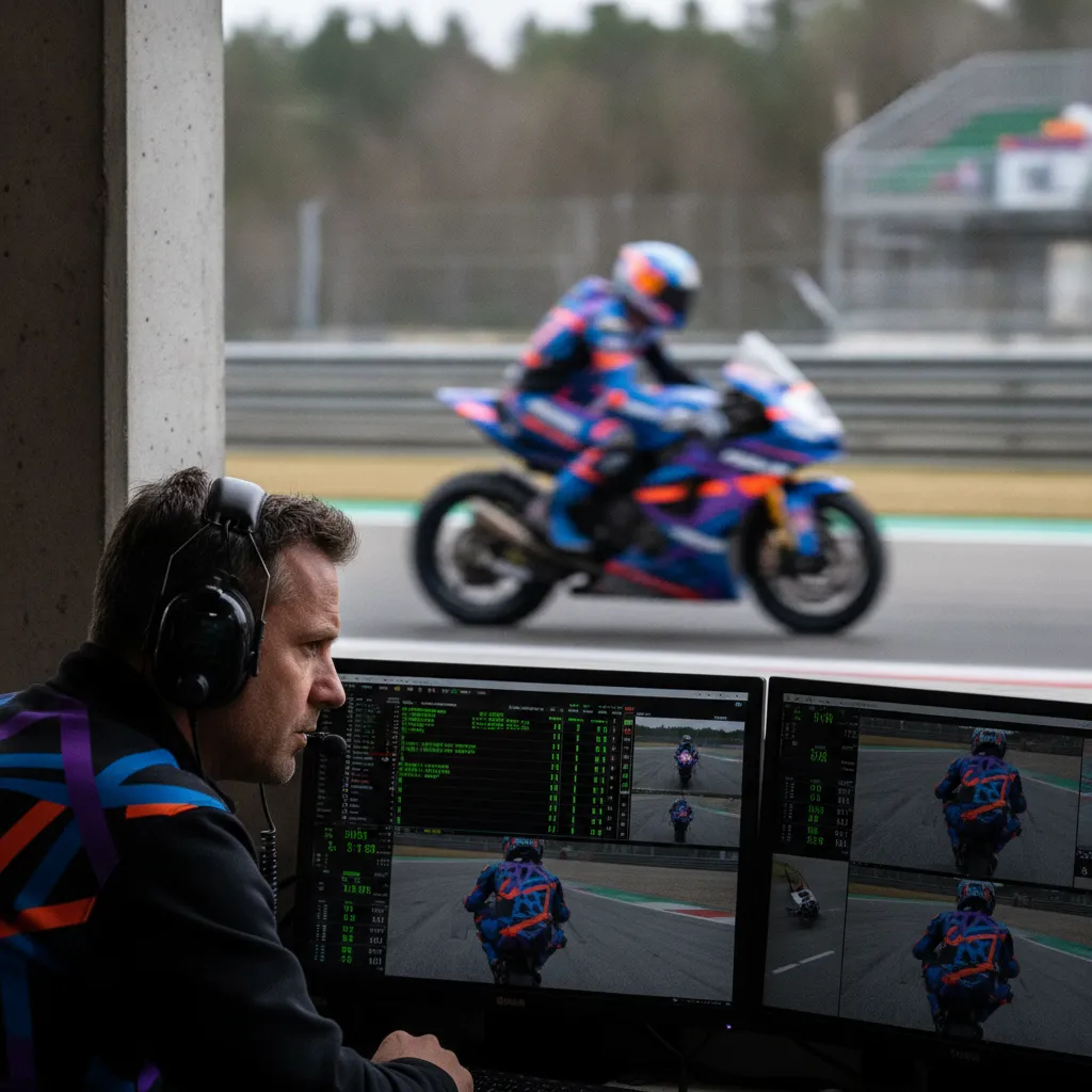 A crew chief wearing a headset watches monitors from the pit wall as a MotoGP bike speeds past on the track.
