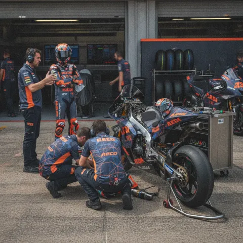 A busy MotoGP pit garage with mechanics working on a motorcycle while the crew chief and rider talk nearby.