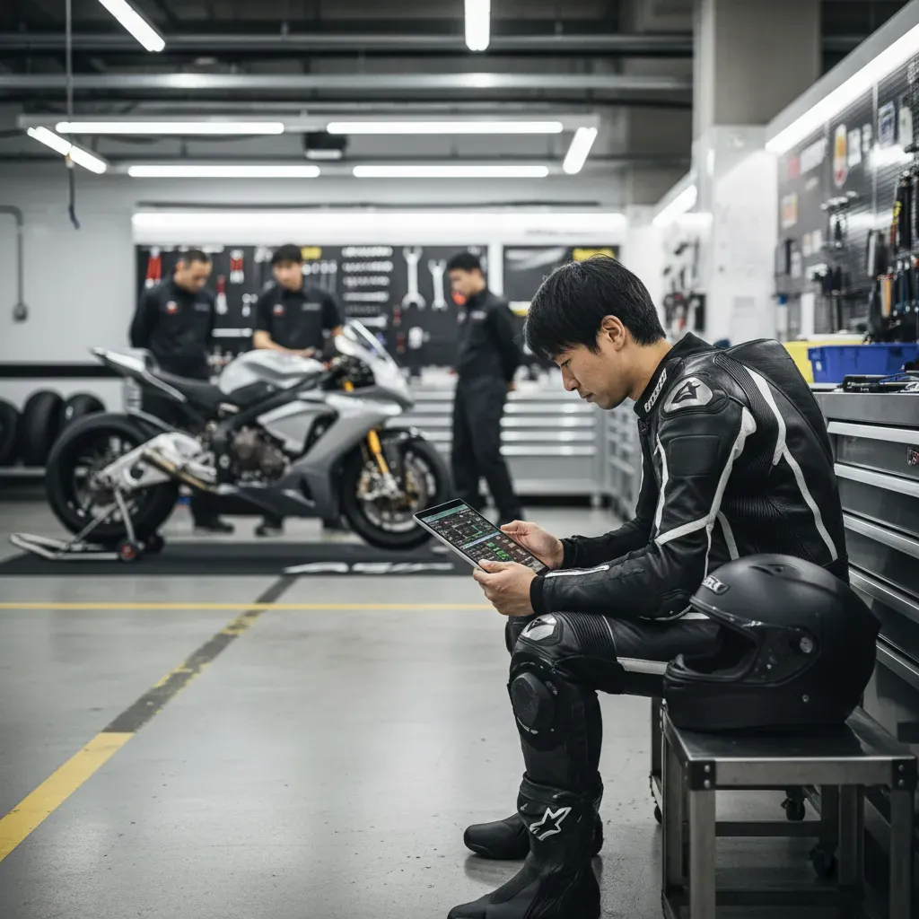 A quiet, contemplative moment in a brightly lit pit garage. A photorealistic shot of an anonymous Japanese rider in plai