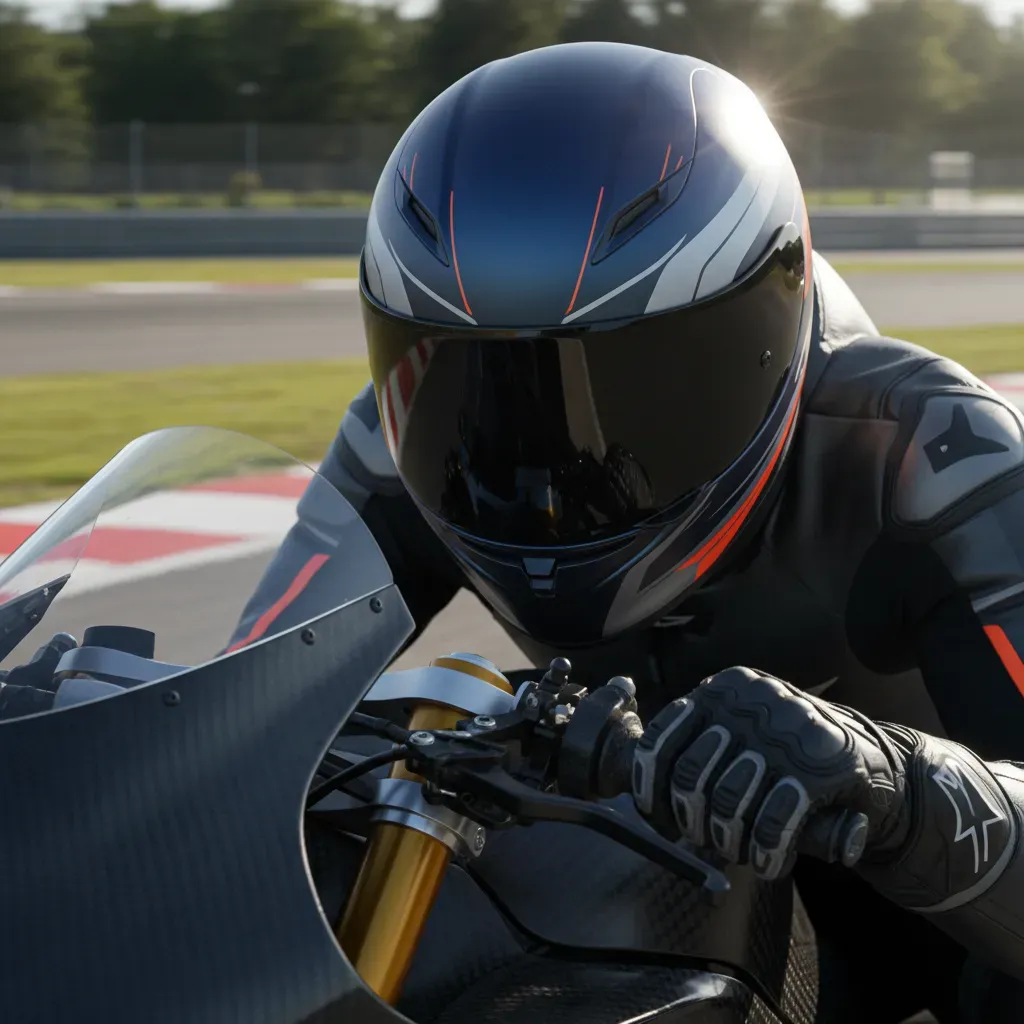 A tight, action-oriented shot from a low angle, focusing on a rider's hands and helmet as they navigate an s-bend. The r