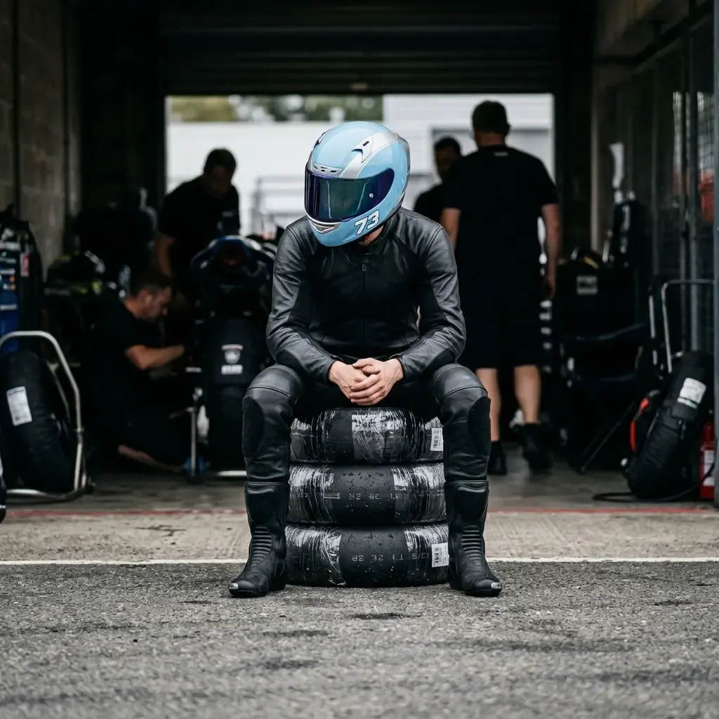 A photorealistic, moody shot inside a racing garage. An anonymous rider, helmet on but visor up, sits on his motorcycle.